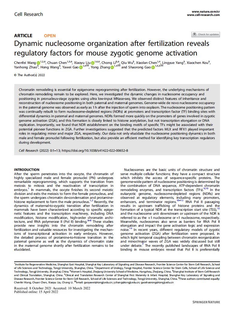 2022年4月，《Cell Research》在线发表高绍荣、张勇、高亚威合作阐明小鼠受精过程中核小体排布建立模式的研究成果_00.jpg