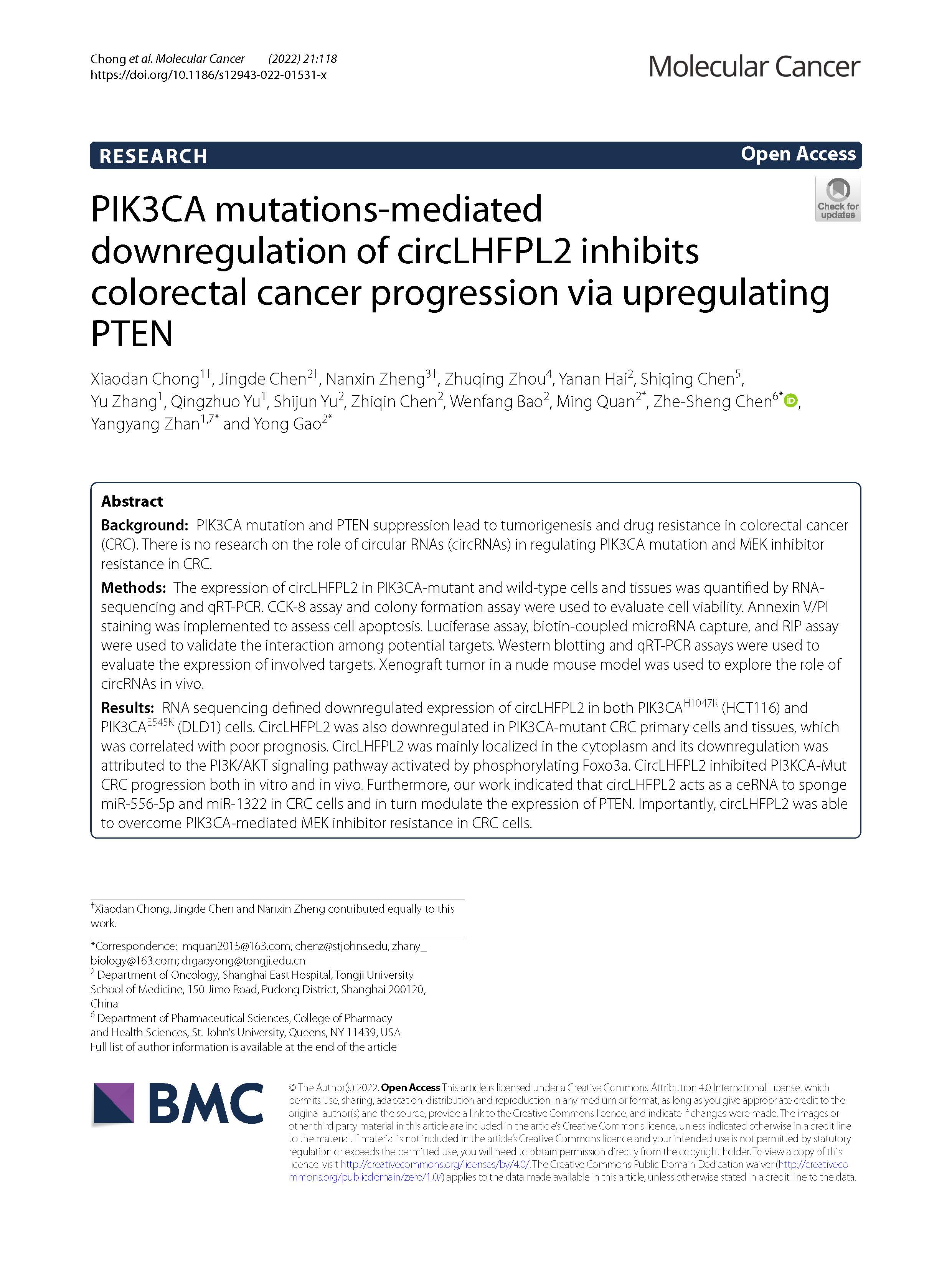 MOLECULAR CANCER-高勇-PIK3CA mutations‑mediated downregulation of circLHFPL2 inhibits colorectal cancer progression via upregulating PTEN.jpg